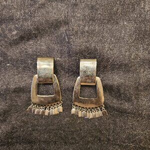 vintage 80s brutalist mid-century Earrings. Clip on fringed Modernist 2.25"